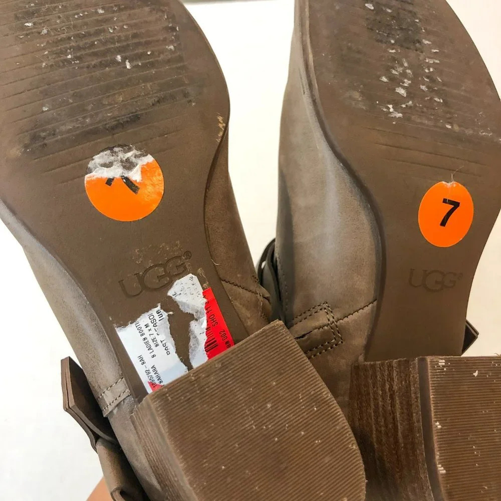 UGG Elora Tan Leather Buckle Almond Toe Bohemian Block Heel Ankle Booties 7 - Picture 10 of 12
